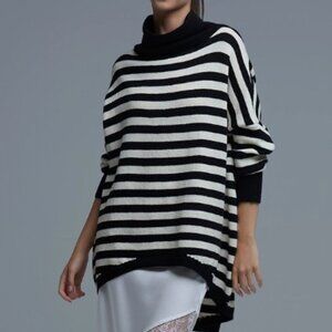 High Neck Oversized Sweater with Bat Wings and Stripes